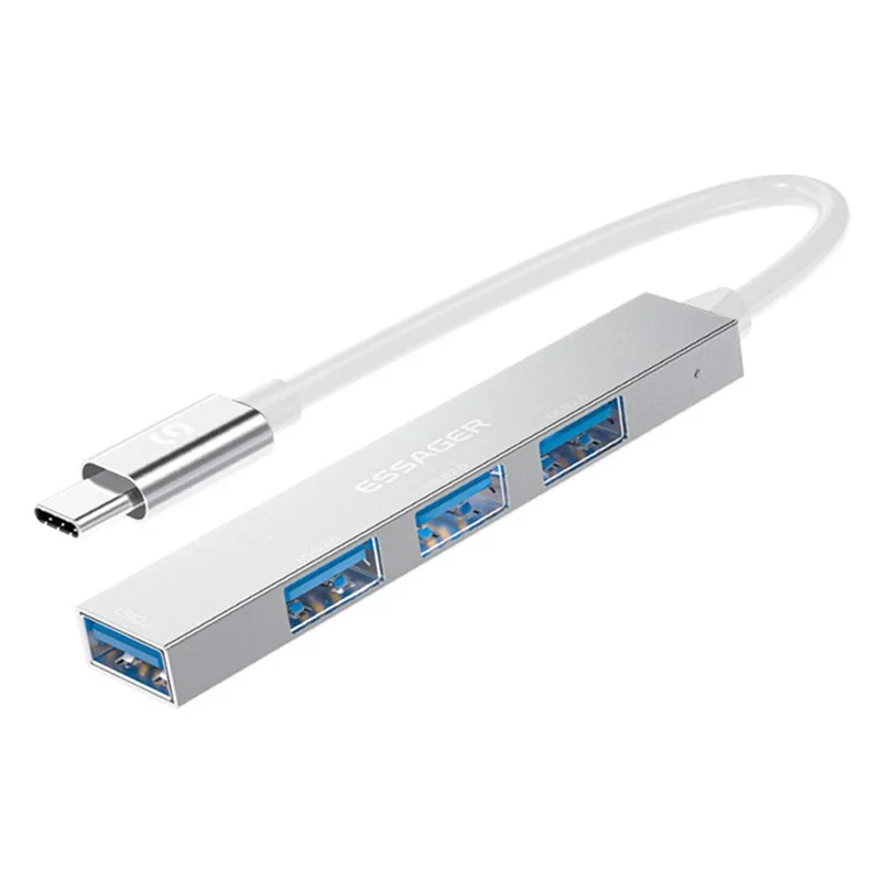 ESSAGER 4-in-1 USB Hub 4 USB2.0 Ports Splitter Tablet Laptop Aluminum Alloy Adapter - Type-C / Silver