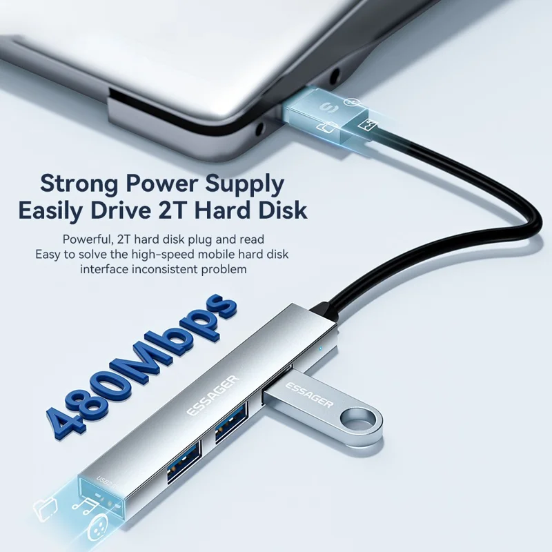ESSAGER 4-in-1 USB Hub 4 USB2.0 Ports Splitter Tablet Laptop Aluminum Alloy Adapter - Type-C / Silver