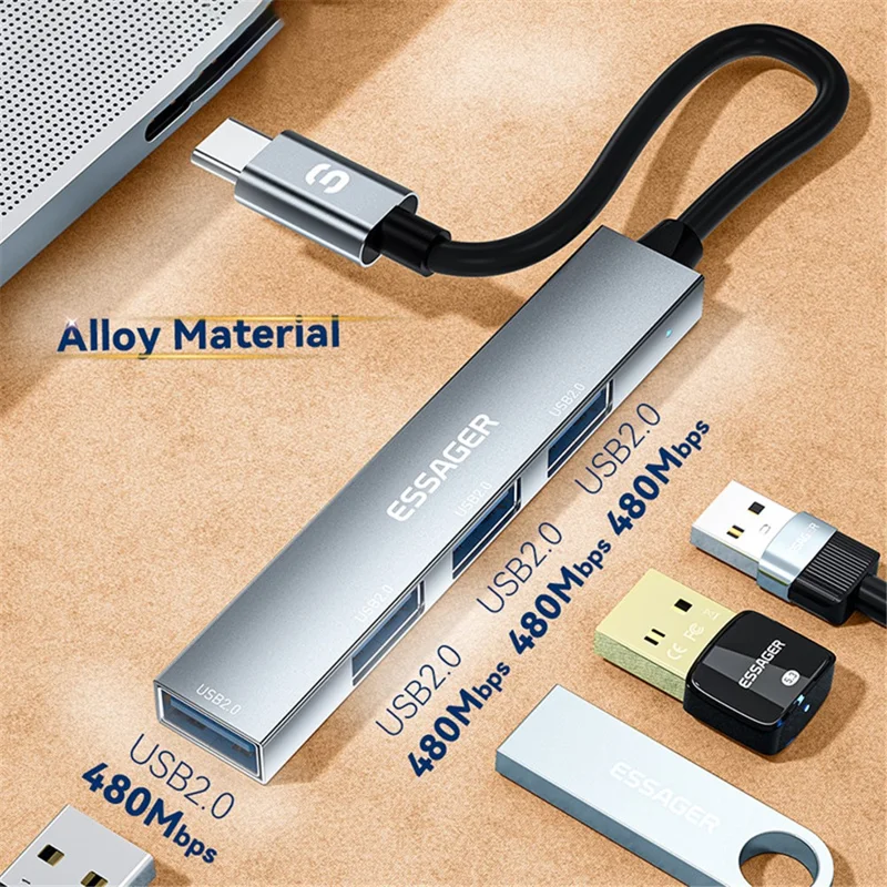 ESSAGER 4-in-1 USB Hub 4 USB2.0 Ports Splitter Tablet Laptop Aluminum Alloy Adapter - Type-C / Silver