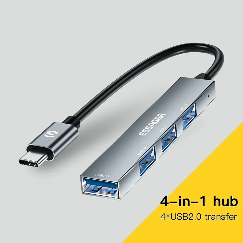 ESSAGER 4-in-1 USB Hub 4 USB2.0 Ports Splitter Tablet Laptop Aluminum Alloy Adapter - Type-C / Silver