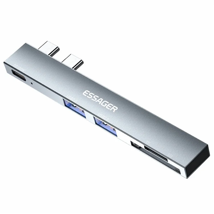 ESSAGER Für MacBook Laptop 5-Port Type-C Hub Dock Adapter zu PD 100W Schnellladung+2xUSB 2.0+2 Kartenleser Steckplätze - Grau