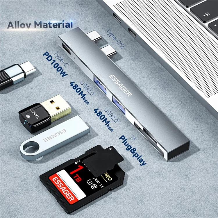 ESSAGER Für MacBook Laptop 5-Port Type-C Hub Dock Adapter zu PD 100W Schnellladung+2xUSB 2.0+2 Kartenleser Steckplätze - Grau
