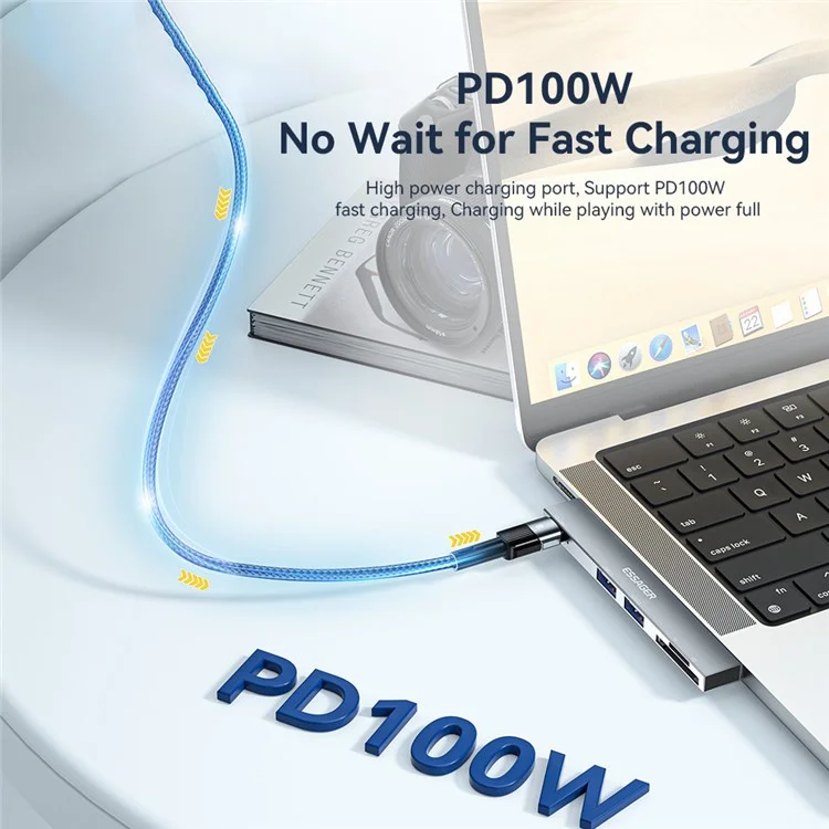 ESSAGER Für MacBook Laptop 5-Port Type-C Hub Dock Adapter zu PD 100W Schnellladung+2xUSB 2.0+2 Kartenleser Steckplätze - Grau