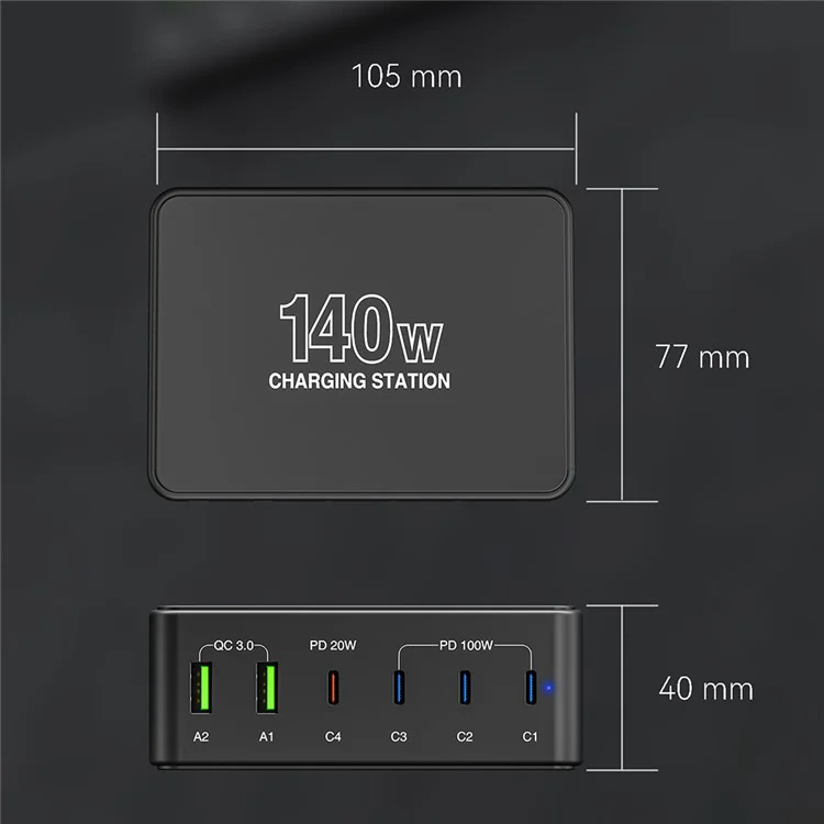 H118 140W Multi-Port Desktop Charger PD Fast Charging Station per Telefoni Cellulari, Caricabatterie per Laptop, 4 Type-C+2 USB-A - Spina USA
