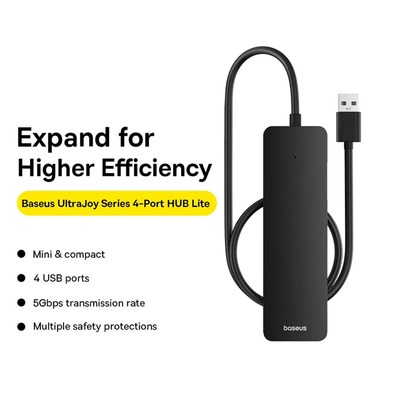 BASEUS UltraJoy Series 4-Port HUB Lite Adapter USB-A to 4 USB3.0 Extender with 50cm Extended Cable - Black
