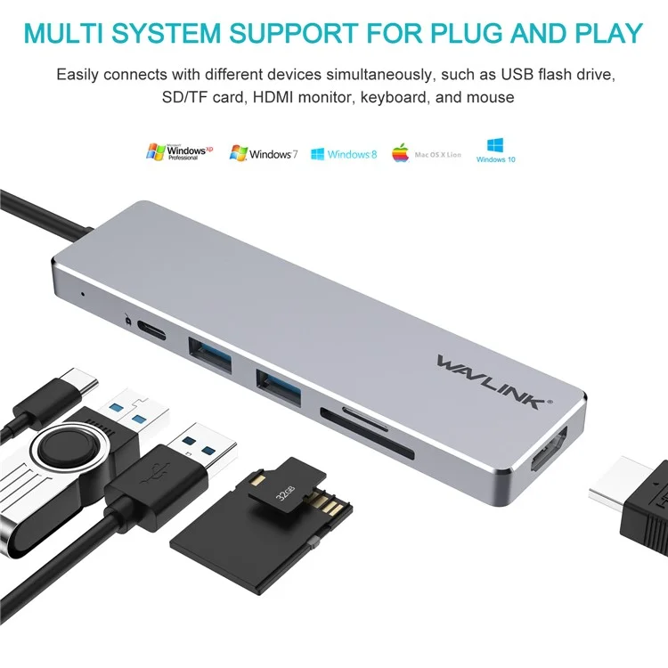 WAVLINK UHP3407 Convertitore USB-C a HD 4K Splitter Mini Dock Stazione Portatile Hub Adattatore Type-C 