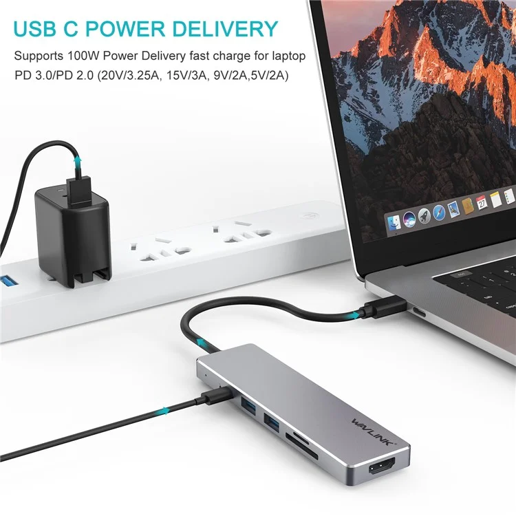 Wavlink UHP3407 USB-C a HD Converter 4K Splitter Mini Estación de Acoplamiento Portable Tipo c.