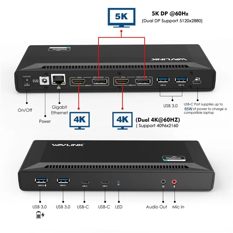 WAVLINK UG69PD2 Estação de Acoplamento Multifuncional Dual 4K 65W Carregamento Rápido Estação de Acoplamento Multiporta para Laptops - Plugue EUA