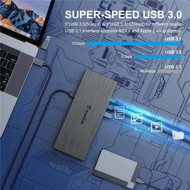 WAVLINK UG69PD8 18-в-1 USB-C док-станция 100 Вт PD 5K Дисплей Тип-C концентратор Адаптер с RJ45 Ethernet, SD / TF портами - Вилка США