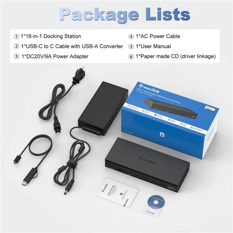 WAVLINK UG69PD8 18-в-1 USB-C док-станция 100 Вт PD 5K Дисплей Тип-C концентратор Адаптер с RJ45 Ethernet, SD / TF портами - Вилка США