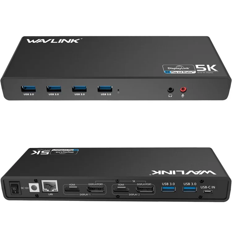 WAVLINK UG69DK1 Dock de 15 en 1 5K Dual 4K HD Multiaffichage USB-C avec HD / DisplayPort / Ethernet Gigabit / USB 3.0 / Type C / Audio - Prise UK