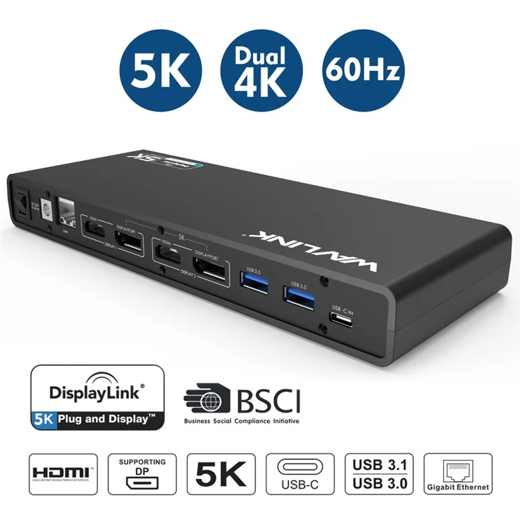WAVLINK UG69DK1 Dock de 15 en 1 5K Dual 4K HD Multiaffichage USB-C avec HD / DisplayPort / Ethernet Gigabit / USB 3.0 / Type C / Audio - Prise UK