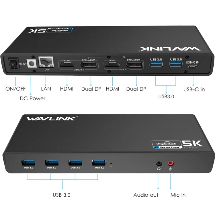 WAVLINK UG69DK1 Dock de 15 en 1 5K Dual 4K HD Multiaffichage USB-C avec HD / DisplayPort / Ethernet Gigabit / USB 3.0 / Type C / Audio - Prise UK