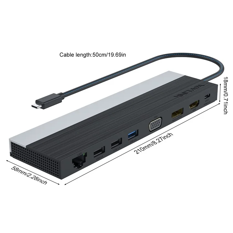 WAVLINK UMD03 12 in 1 Type-C HUB Triple Display USB-C Multiport Adapter with HD, VGA, Ethernet, USB-C, USB3.0, USB2.0, Card Reader, Audio