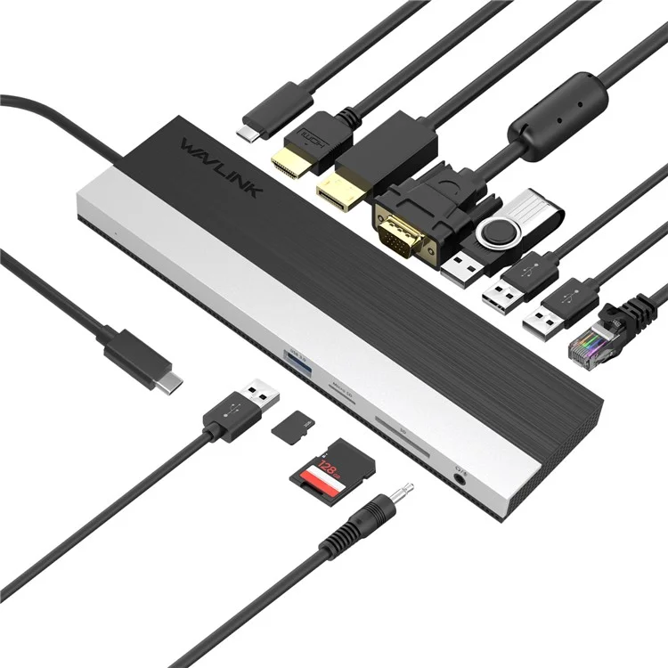 WAVLINK UMD03 12 in 1 Type-C HUB Triple Display USB-C Multiport Adapter with HD, VGA, Ethernet, USB-C, USB3.0, USB2.0, Card Reader, Audio