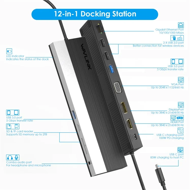 WAVLINK UMD03 12 in 1 Type-C HUB Triple Display USB-C Multiport Adapter with HD, VGA, Ethernet, USB-C, USB3.0, USB2.0, Card Reader, Audio