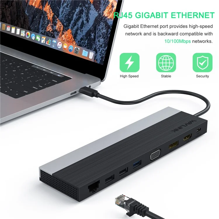 WAVLINK UMD03 12 in 1 Type-C HUB Triple Display USB-C Multiport Adapter with HD, VGA, Ethernet, USB-C, USB3.0, USB2.0, Card Reader, Audio