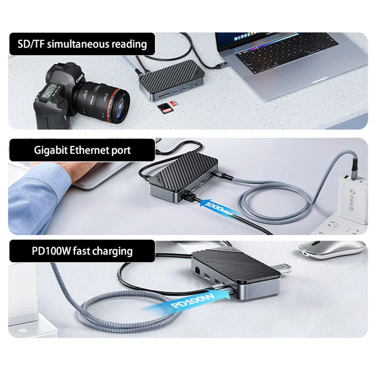 Orico USB C Hub с M.2 SSD Корпусом 10-в-1 Docking Station 10 Гбит / с USB 3,2 Gen2 M.2 Nvme / SATA SSD Читатель