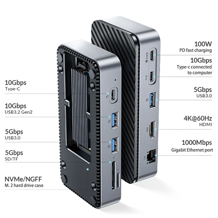 Orico USB C Hub с M.2 SSD Корпусом 10-в-1 Docking Station 10 Гбит / с USB 3,2 Gen2 M.2 Nvme / SATA SSD Читатель