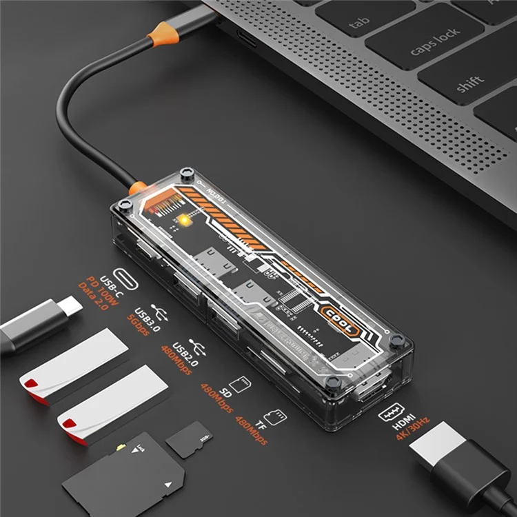 SW6H 6-in-1 Station D'accueil Type-C Hub USB-C à pd + Usb3.0 + Usb2.0 + sd + tf + hd Multiport Adaptateur