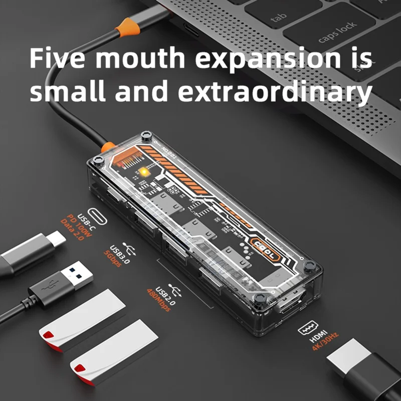 SW5H 5 Porte Type-C Hub Adattatore Type-C a Type-C PD Ricarica Rapida+USB 3.0+USB 2.0x2+HD Dock Station Chiaro Convertitore