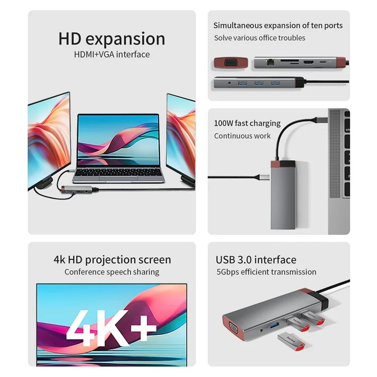 BS10A 10-in-1 USB-C Hub Type-C to PD+HD+USB3.0x3+SD+TFRJ45+VGA+3.5mm Audio Multiport Adapter