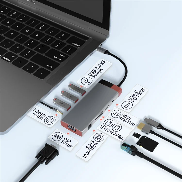 BS10A 10-in-1 USB-C Hub Type-C to PD+HD+USB3.0x3+SD+TFRJ45+VGA+3.5mm Audio Multiport Adapter
