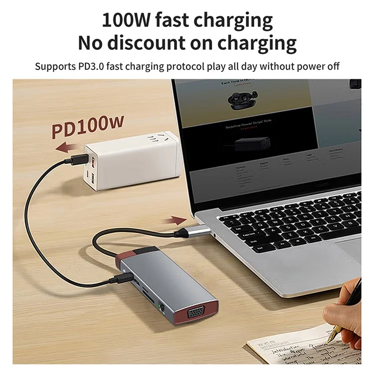 BS10A 10-in-1 USB-C Hub Type-C to PD+HD+USB3.0x3+SD+TFRJ45+VGA+3.5mm Audio Multiport Adapter