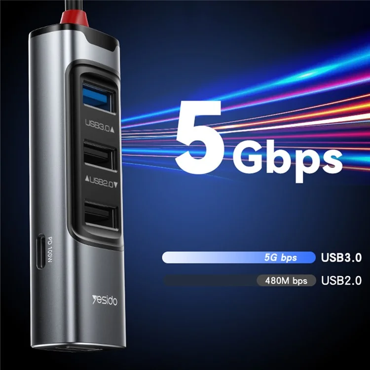 YESIDO HB20 USB + Type C Hub Adapter Converter with USB 3.0 + 3xUSB 2.0 + PD 100W USB-C Ports