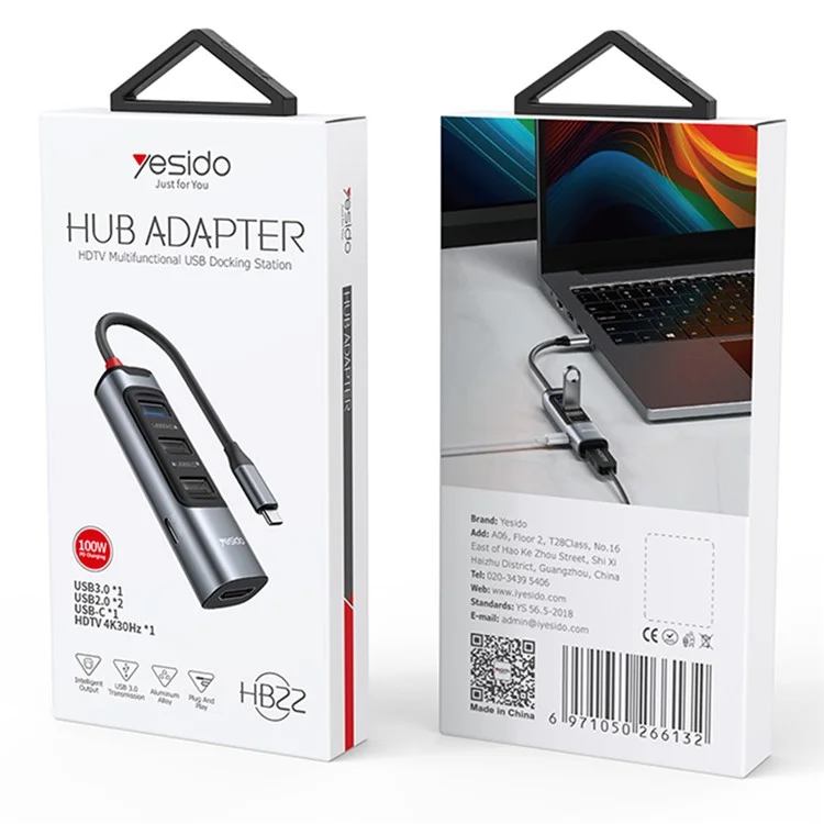 YESIDO HB22 5-в-1 Док-станция, многопортовый USB-C концентратор, адаптер, поддержка PD 100Вт, USB3.0, 2 USB2.0, HD