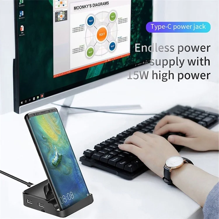 8-in-1 Type-C Docking Station USB-C Hub Adapter with USB3.0 / 2 USB2.0 / HD / TF / SD, Cell Phone Type-C Charging Stand