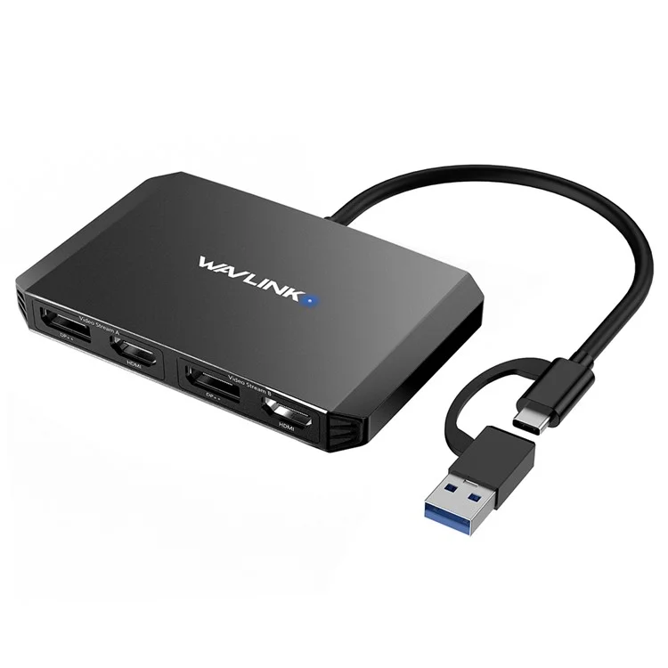 WAVLINK WL-UG69DH2 USB+Type-C to Dual 4K HD DisplayPort Dual Monitor Adapter Splitter - Black
