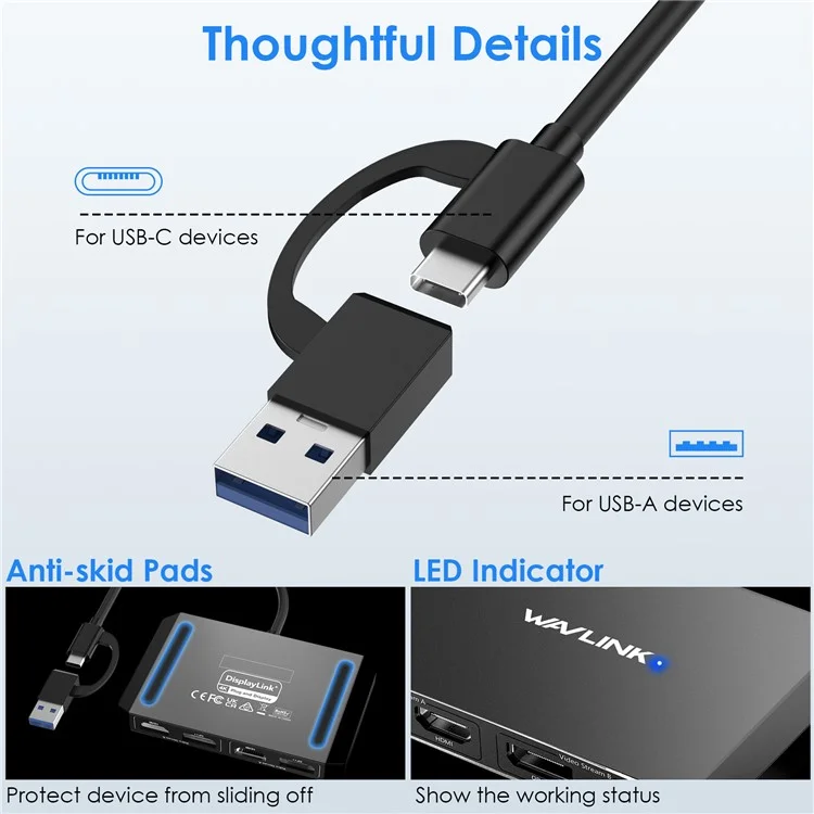 WAVLINK WL-UG69DH2 Usb + Type-c Vers Dual 4K HD DisplayPort Dual Monitor Adapter Splitter - Noir