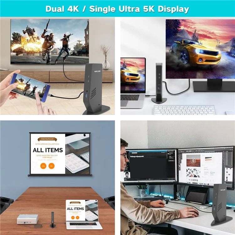 WAVLINK WL-UG69DK5 USB 3.0 Docking Station Laptop Dual 5K / 4K 60Hz Monitor Adapter - AU Plug