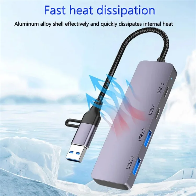 T-32C USB 3.0 + Typ-C 4-Port-Hub Aluminiumlegierung Dockingstation mit 2-in-1-Kabel