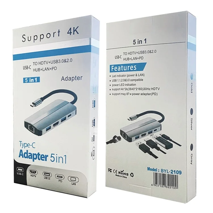 2109 5-in-1 Docking Station Type-C to HDTV+USB3.0 / 2.0+HUB+LAN+PD Adapter