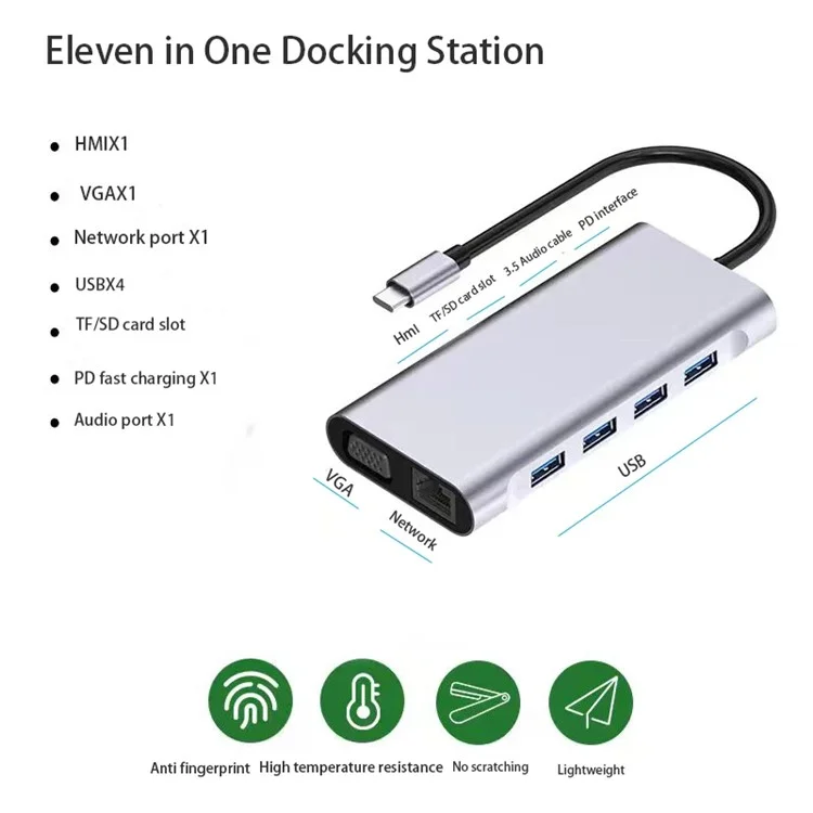 Estación de acoplamiento 2110 11 en 1 con conector Type-C 4K*2K@30Hz Centro de conexión multipuerto USB Lector de tarjetas Adaptador