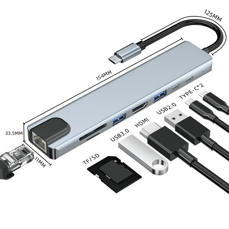 2017L Type-C to Type-Cx2+USB2.0+HD+USB3.0+TF / SD+Carte réseau 100Mbps Hub USB Dock de station d'accueil pour ordinateur portable téléphone