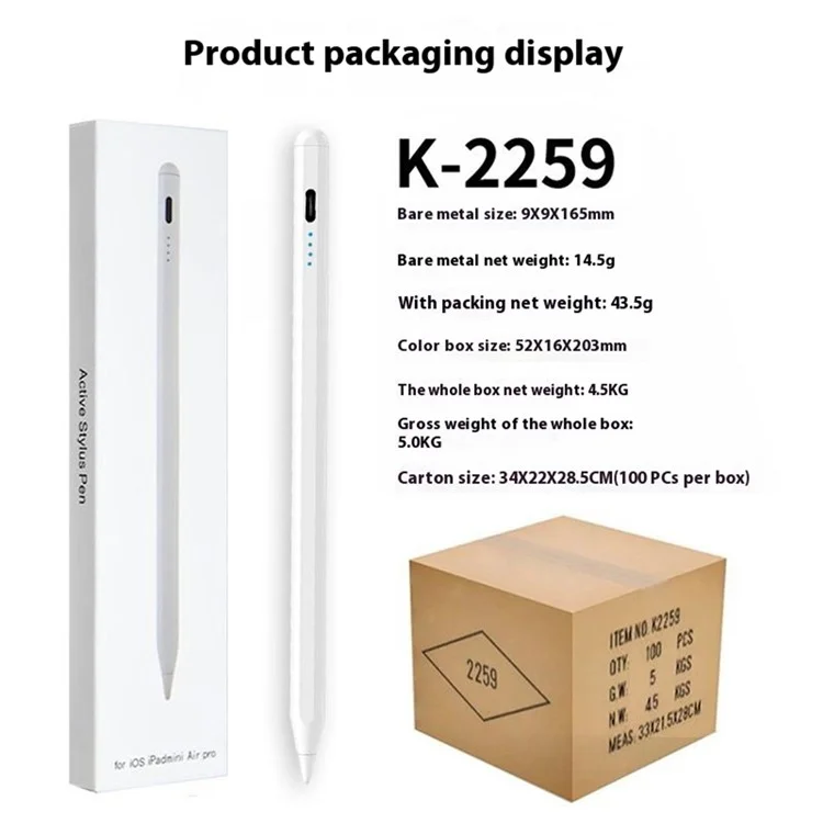 Stylus com 4 LEDs com rejeição de palma, fixação magnética para iPad OS 12.2+ (2018 em diante)