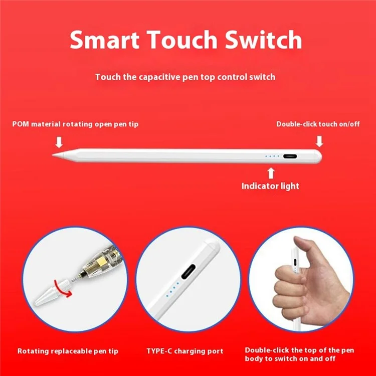 Stylus com 4 LEDs com rejeição de palma, fixação magnética para iPad OS 12.2+ (2018 em diante)