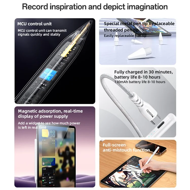 YESIDO ST17 For iPad Stylus Pen Rechargeable Touch Screen Pencil Precision Writing Drawing Tool