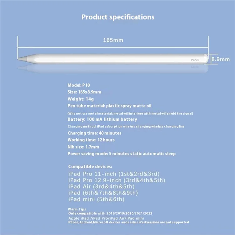 P10 Touch Pen for iPad Air (2022) /  iPad mini (2021) / iPad Pro 12.9 (2021) Magnetic Wireless Charging Capacitive Stylus