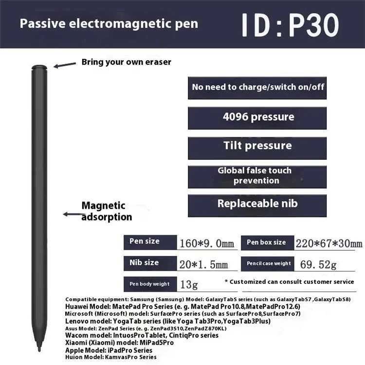 P30 Electromagnetic Stylus Pen Palm Rejection 4096 Pressure Levels Magnetic Touch Screen Pencil