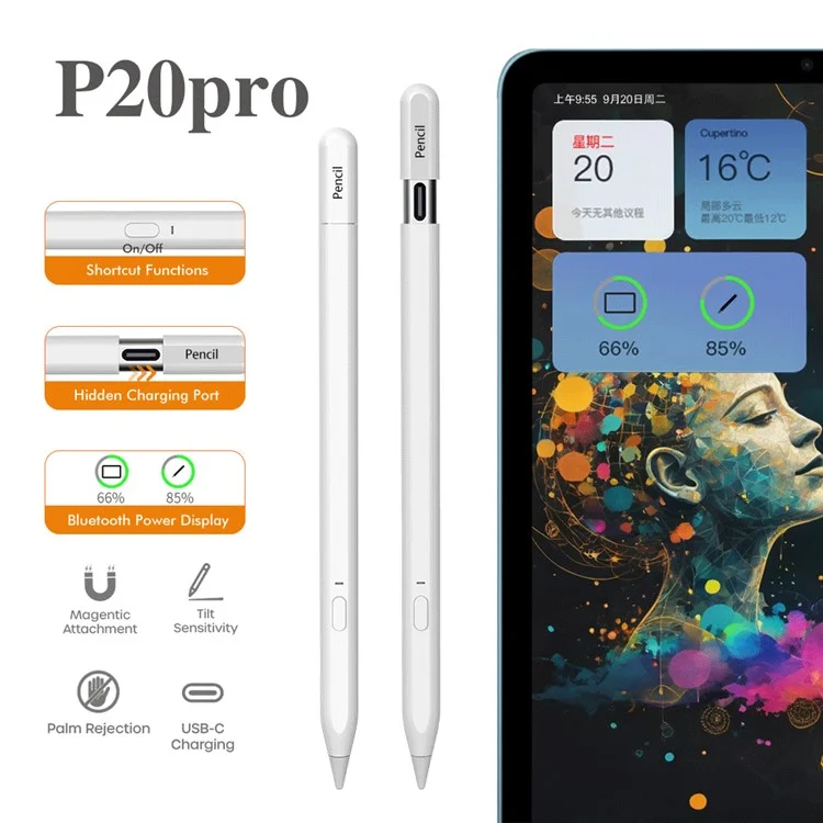 Lápiz Stylus P20Pro Compatible con Bluetooth para Escritura Digital, Lápiz Capacitivo Magnético para Pantalla Táctil de iPad