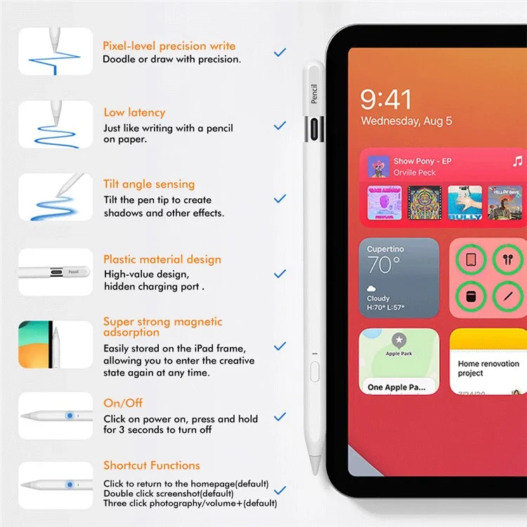 Lápiz Stylus P20Pro Compatible con Bluetooth para Escritura Digital, Lápiz Capacitivo Magnético para Pantalla Táctil de iPad