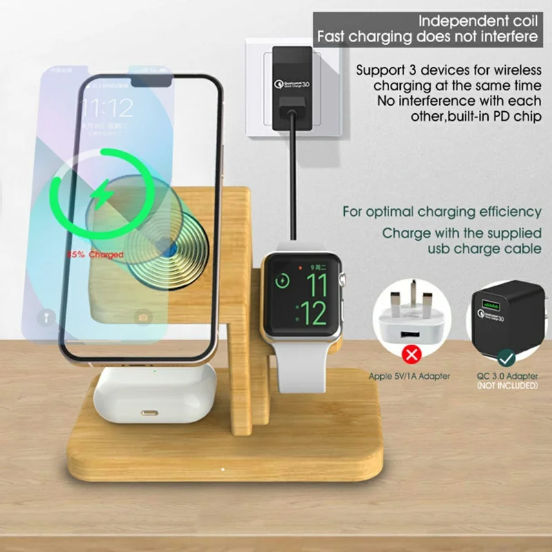 RX-2201 3 in 1 Magnetic Wireless Charger for Apple Watch  /  iPhone  /  AirPods Bamboo Charging Station