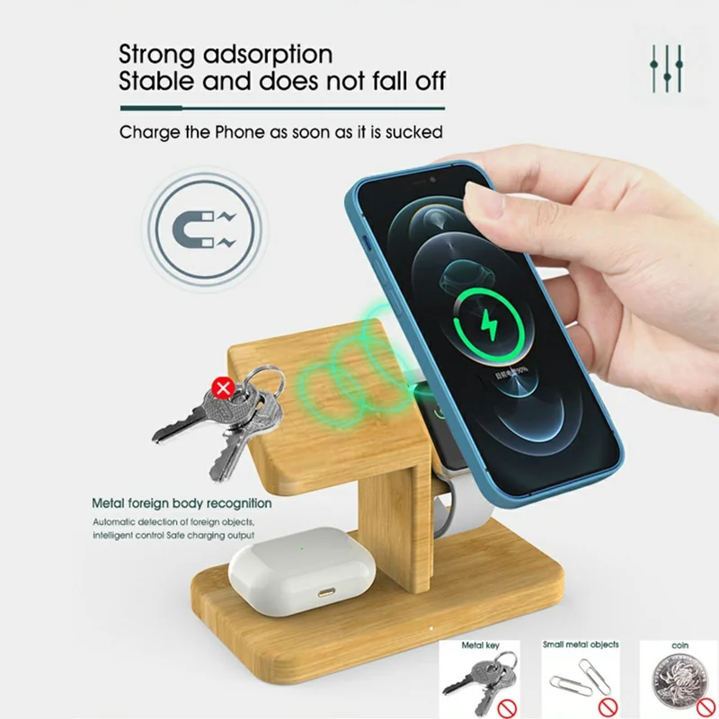 RX-2201 3 in 1 Magnetic Wireless Charger for Apple Watch  /  iPhone  /  AirPods Bamboo Charging Station