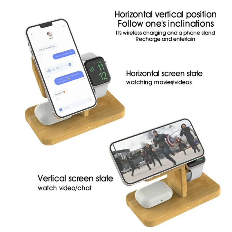 RX-2201 3 in 1 Magnetic Wireless Charger for Apple Watch  /  iPhone  /  AirPods Bamboo Charging Station