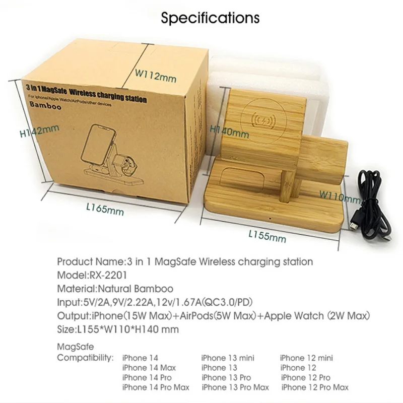 RX-2201 3 in 1 Magnetic Wireless Charger for Apple Watch  /  iPhone  /  AirPods Bamboo Charging Station