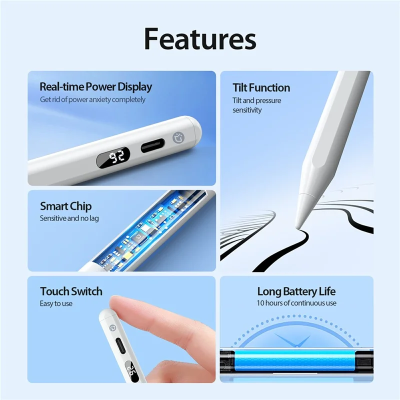 DUX DUCIS SP-06 Stylet Actif pour iPad avec Affichage de Puissance, Sensibilité à l'Inclinaison et Rejet de la Paume